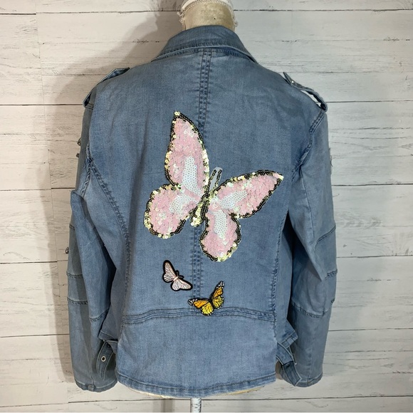 Light Blue Denim Jacket with Sequin Butterfly Back - Picture 6 of 10